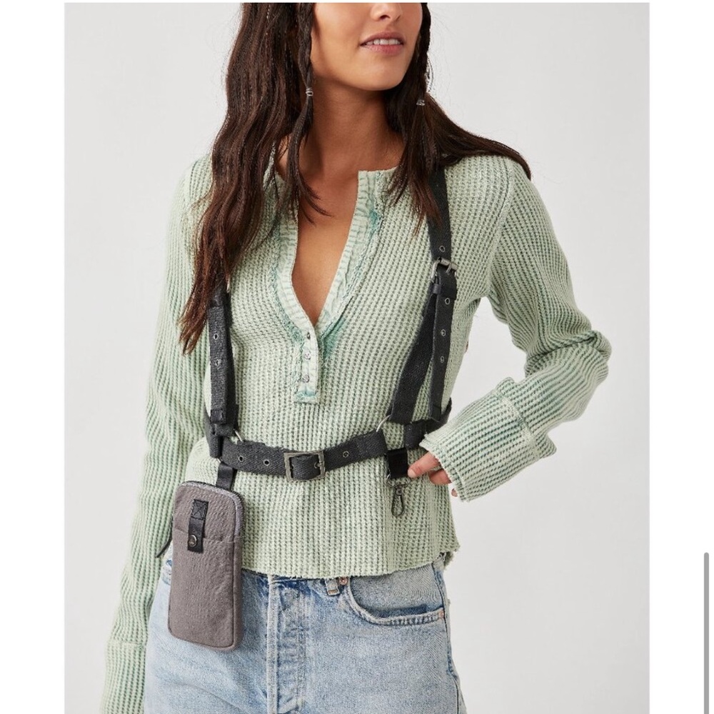 Free People Black Leather Harness Belt with Gray Pouch